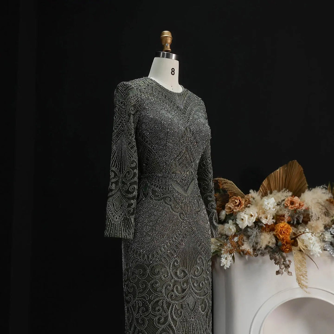 Elegant Navy Blue Long Sleeve Beaded Evening Dress Arabic Style SS056-DreamyVow