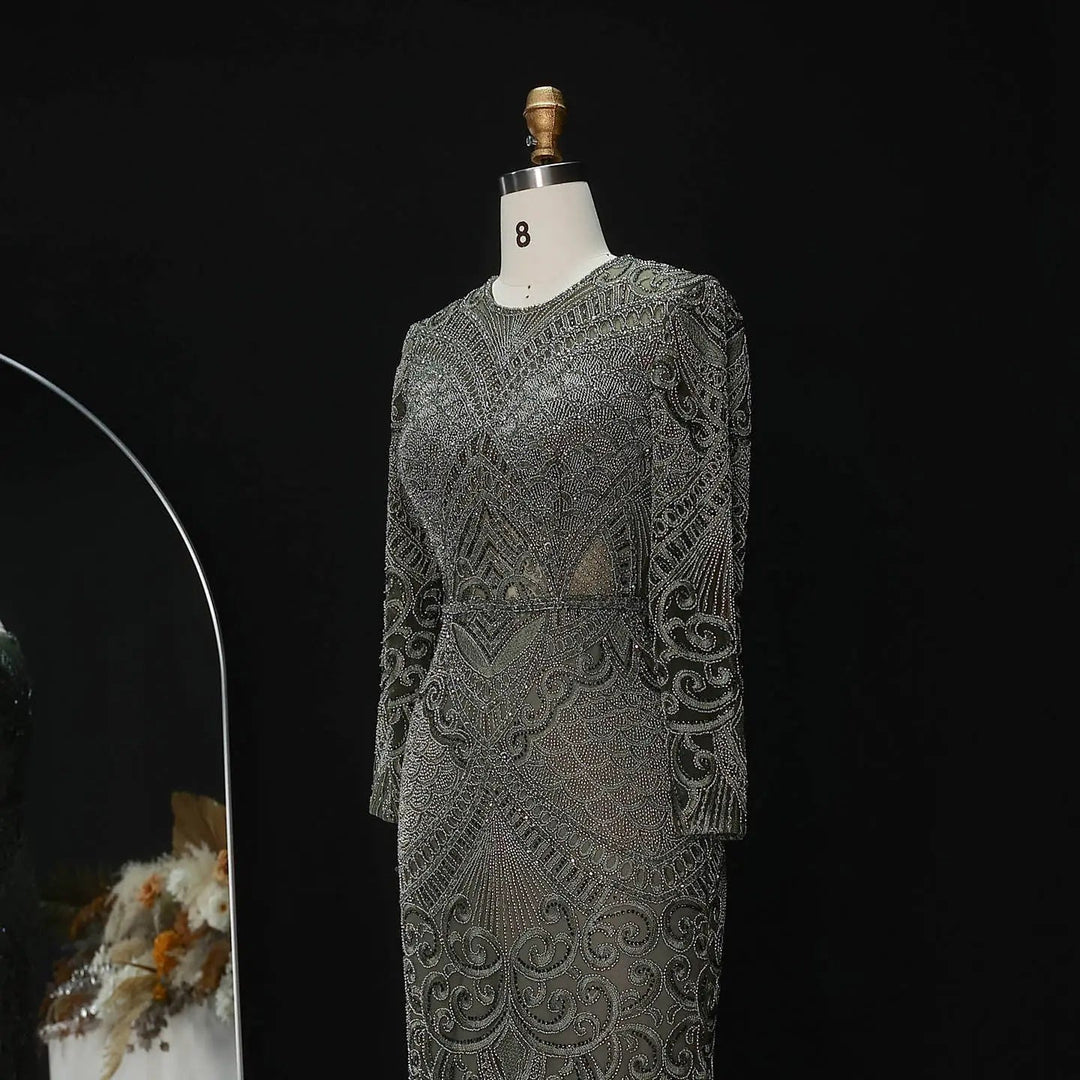 Elegant Navy Blue Long Sleeve Beaded Evening Dress Arabic Style SS056-DreamyVow