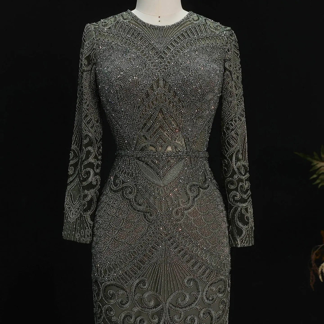Elegant Navy Blue Long Sleeve Beaded Evening Dress Arabic Style SS056-DreamyVow