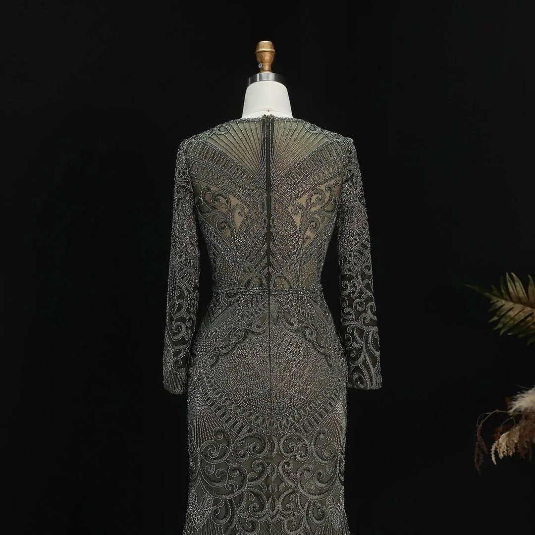 Elegant Navy Blue Long Sleeve Beaded Evening Dress Arabic Style SS056-DreamyVow