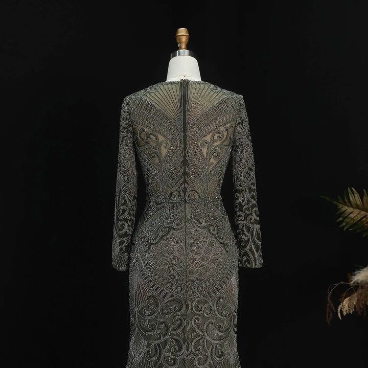 Elegant Navy Blue Long Sleeve Beaded Evening Dress Arabic Style SS056-DreamyVow