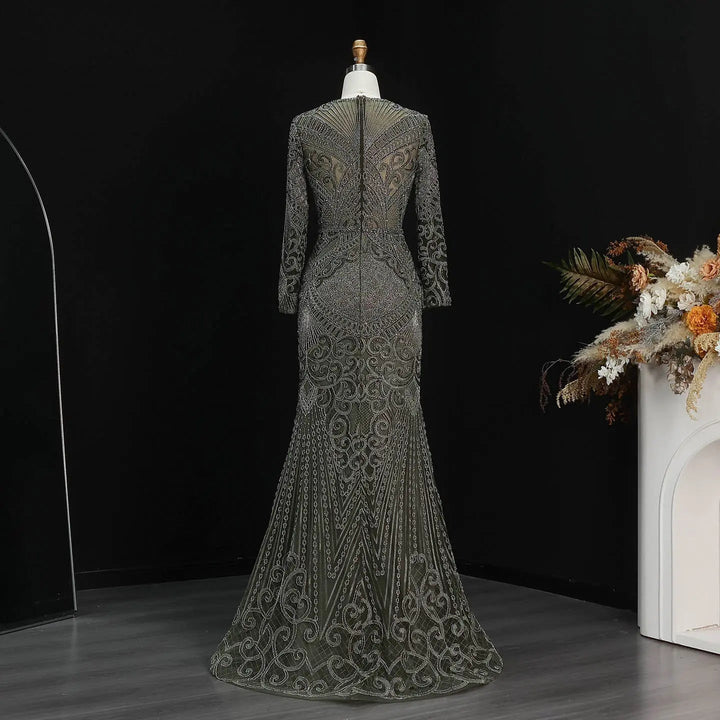 Elegant Navy Blue Long Sleeve Beaded Evening Dress Arabic Style SS056-DreamyVow
