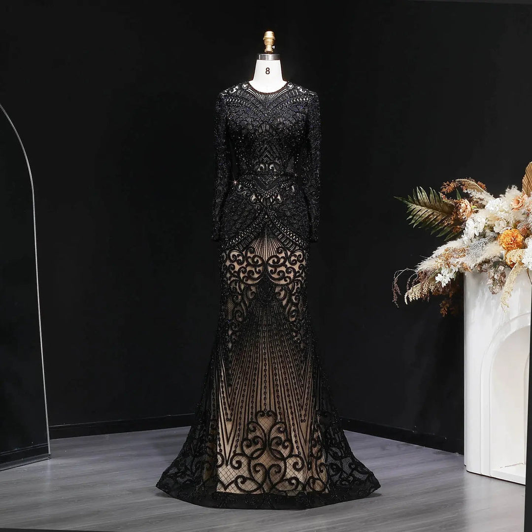 Elegant Navy Blue Long Sleeve Beaded Evening Dress Arabic Style SS056-DreamyVow