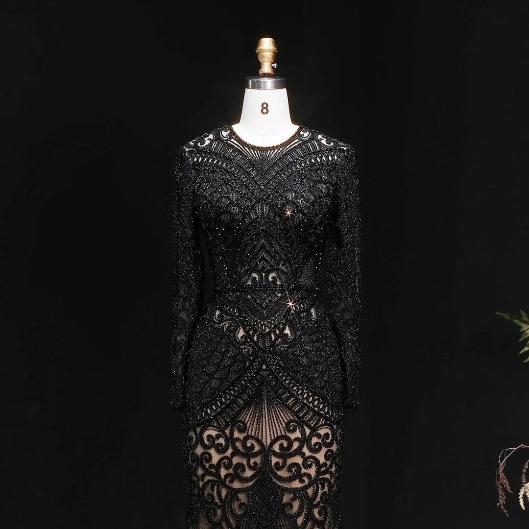 Elegant Navy Blue Long Sleeve Beaded Evening Dress Arabic Style SS056-DreamyVow