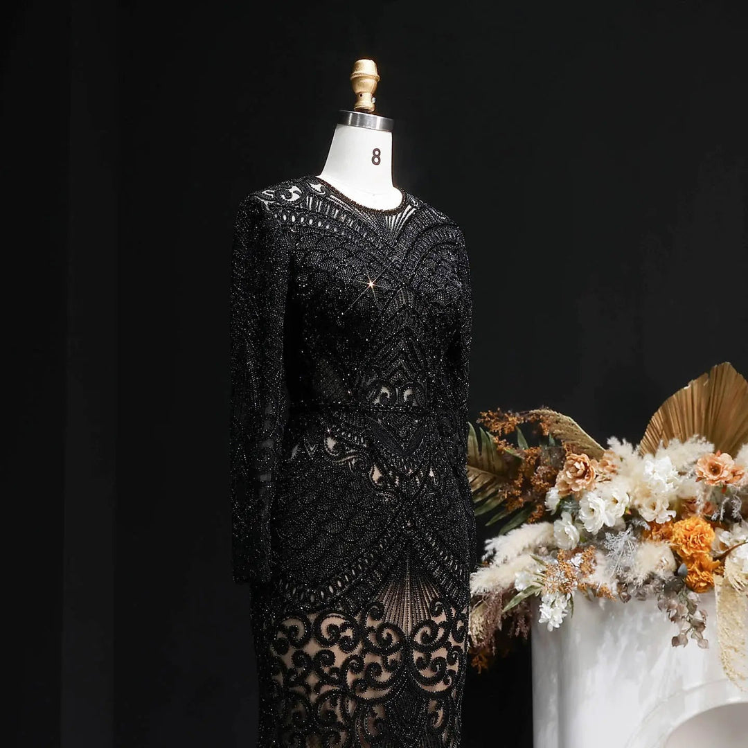 Elegant Navy Blue Long Sleeve Beaded Evening Dress Arabic Style SS056-DreamyVow