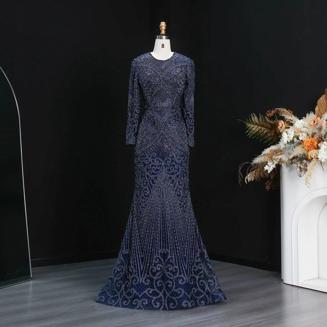Elegant Navy Blue Long Sleeve Beaded Evening Dress Arabic Style SS056 DreamyVow Elegant Navy Blue Long Sleeve Beaded Evening Dress Arabic Style SS056 DreamyVow