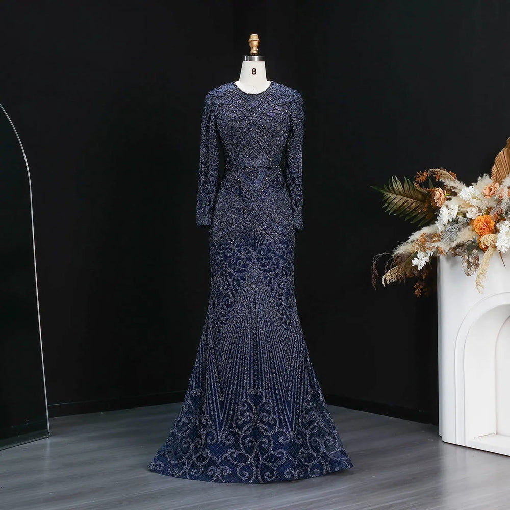 Elegant Navy Blue Long Sleeve Beaded Evening Dress Arabic Style SS056-DreamyVow