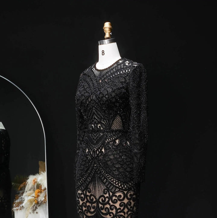 Elegant Navy Blue Long Sleeve Beaded Evening Dress Arabic Style SS056-DreamyVow