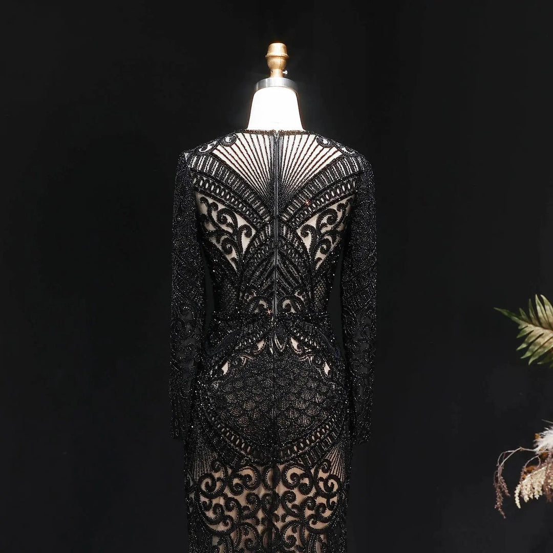 Elegant Navy Blue Long Sleeve Beaded Evening Dress Arabic Style SS056-DreamyVow