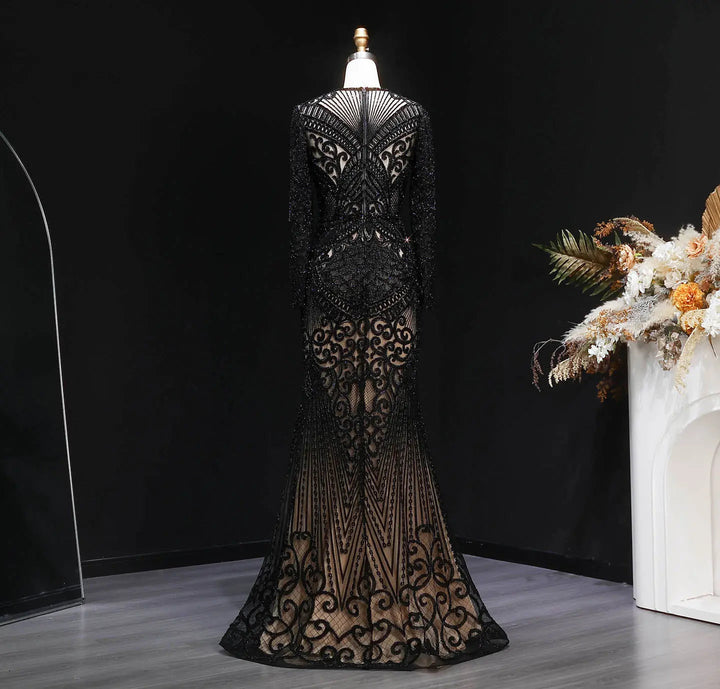 Elegant Navy Blue Long Sleeve Beaded Evening Dress Arabic Style SS056-DreamyVow
