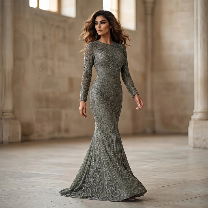 Elegant Navy Blue Long Sleeve Beaded Evening Dress Arabic Style SS056-DreamyVow