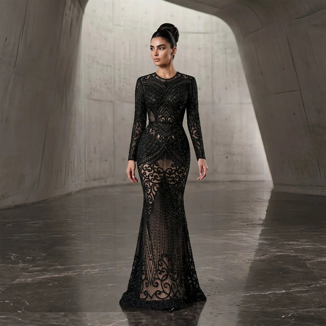 Elegant Navy Blue Long Sleeve Beaded Evening Dress Arabic Style SS056 DreamyVow Elegant Navy Blue Long Sleeve Beaded Evening Dress Arabic Style SS056 DreamyVow