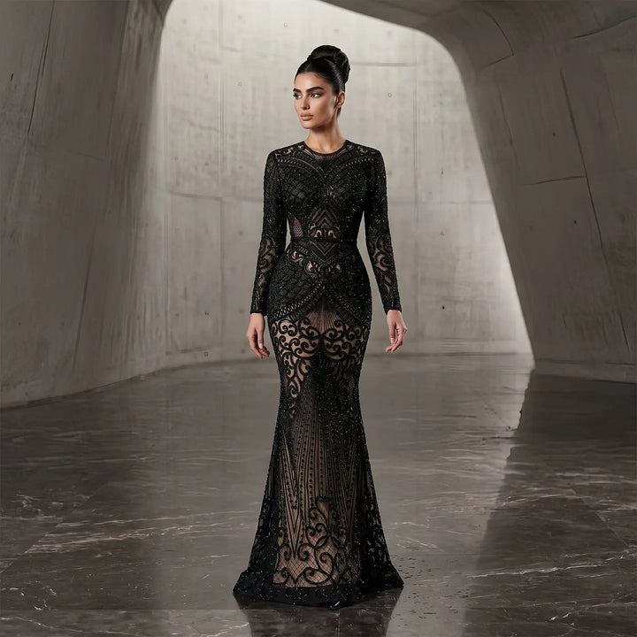 Elegant Navy Blue Long Sleeve Beaded Evening Dress Arabic Style SS056-DreamyVow