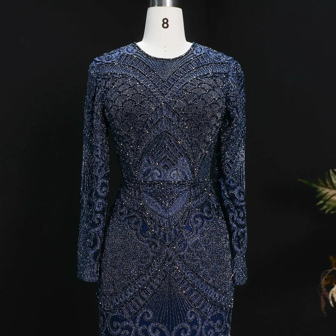 Elegant Navy Blue Long Sleeve Beaded Evening Dress Arabic Style SS056-DreamyVow