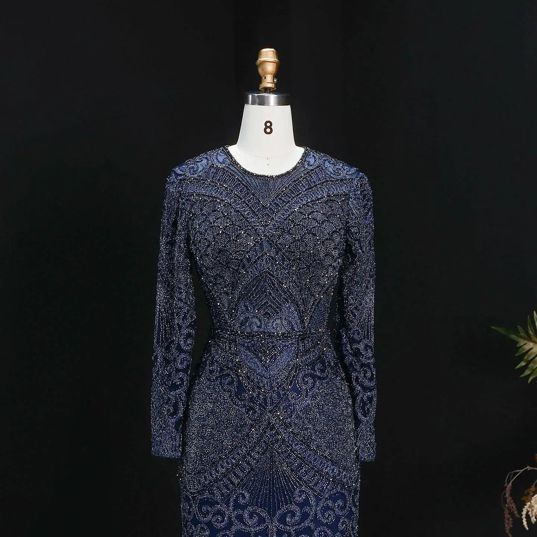 Elegant Navy Blue Long Sleeve Beaded Evening Dress Arabic Style SS056-DreamyVow