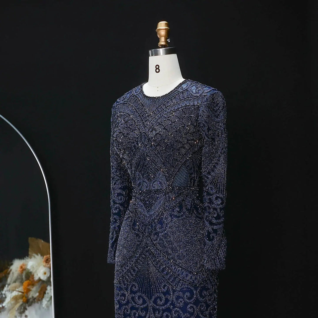 Elegant Navy Blue Long Sleeve Beaded Evening Dress Arabic Style SS056-DreamyVow