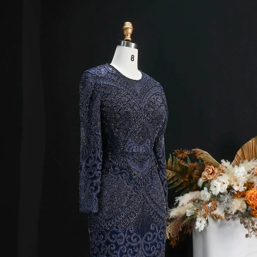 Elegant Navy Blue Long Sleeve Beaded Evening Dress Arabic Style SS056-DreamyVow