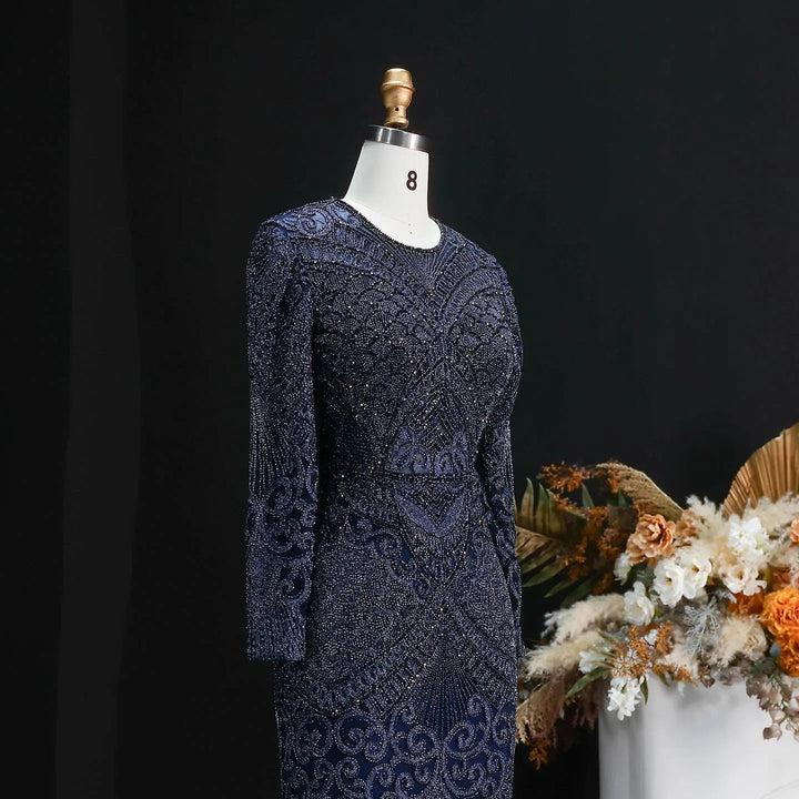 Elegant Navy Blue Long Sleeve Beaded Evening Dress Arabic Style SS056-DreamyVow