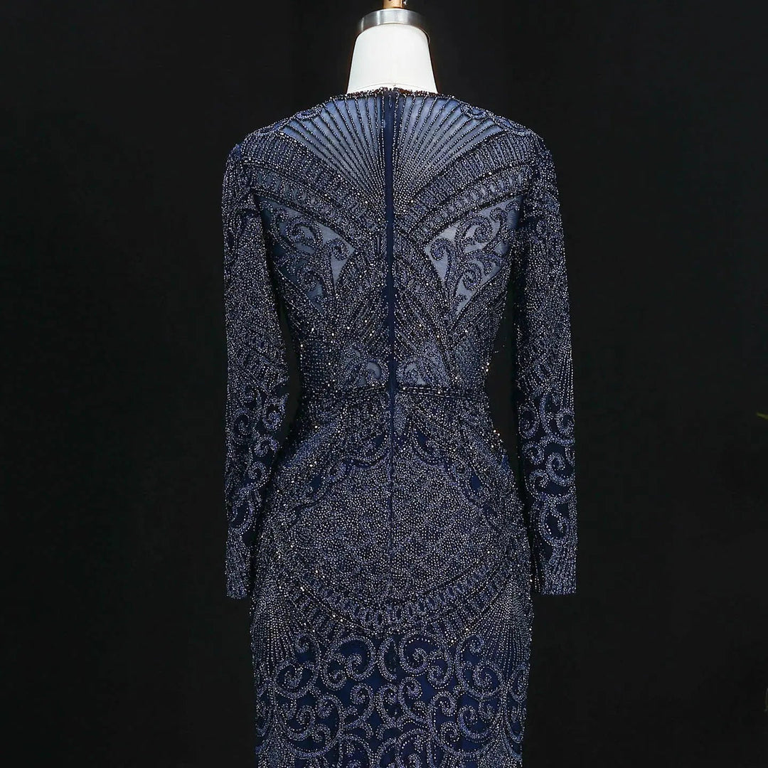 Elegant Navy Blue Long Sleeve Beaded Evening Dress Arabic Style SS056-DreamyVow