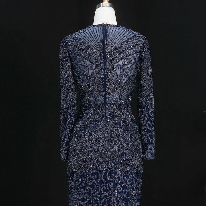 Elegant Navy Blue Long Sleeve Beaded Evening Dress Arabic Style SS056-DreamyVow
