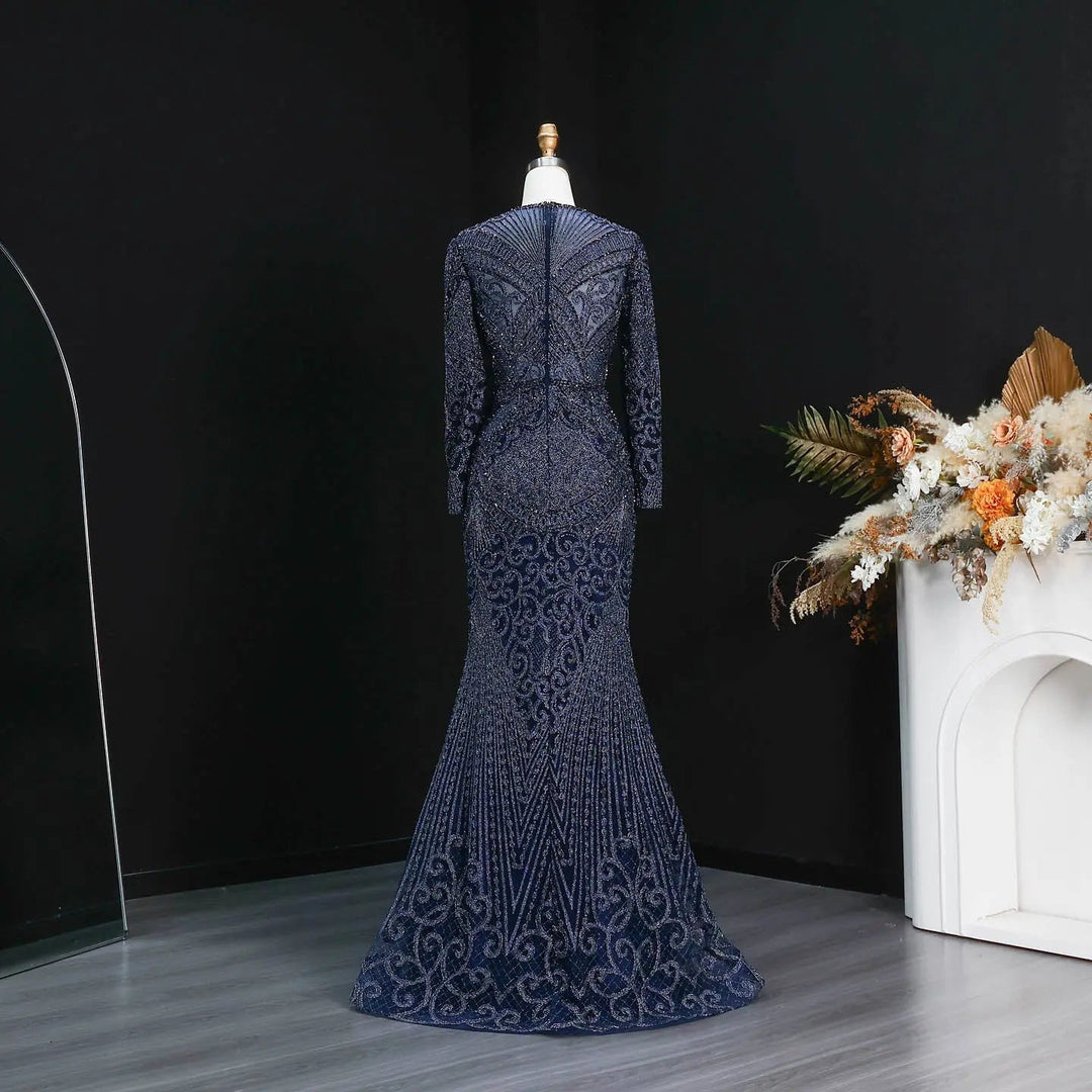 Elegant Navy Blue Long Sleeve Beaded Evening Dress Arabic Style SS056 –  DreamyVow