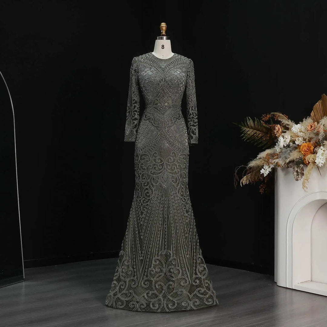 Elegant Navy Blue Long Sleeve Beaded Evening Dress Arabic Style SS056-DreamyVow
