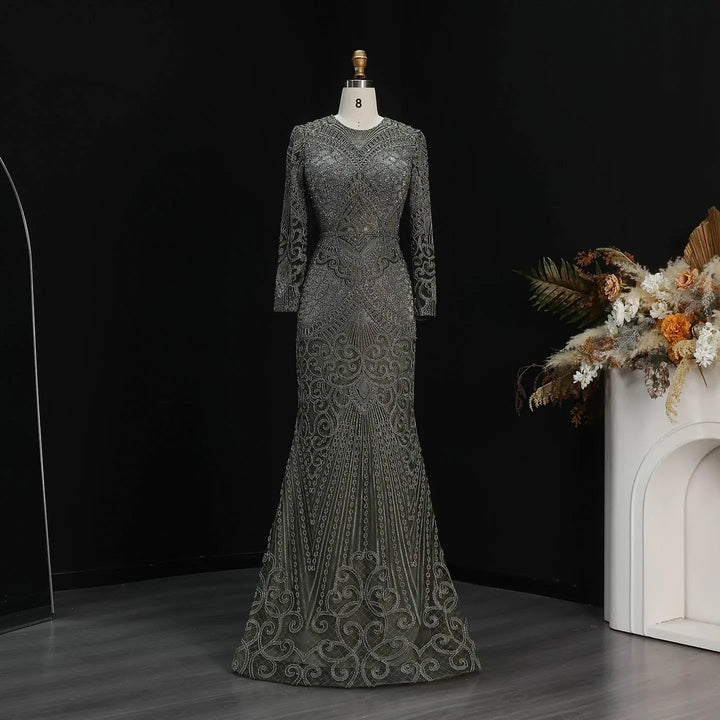 Elegant Navy Blue Long Sleeve Beaded Evening Dress Arabic Style SS056-DreamyVow