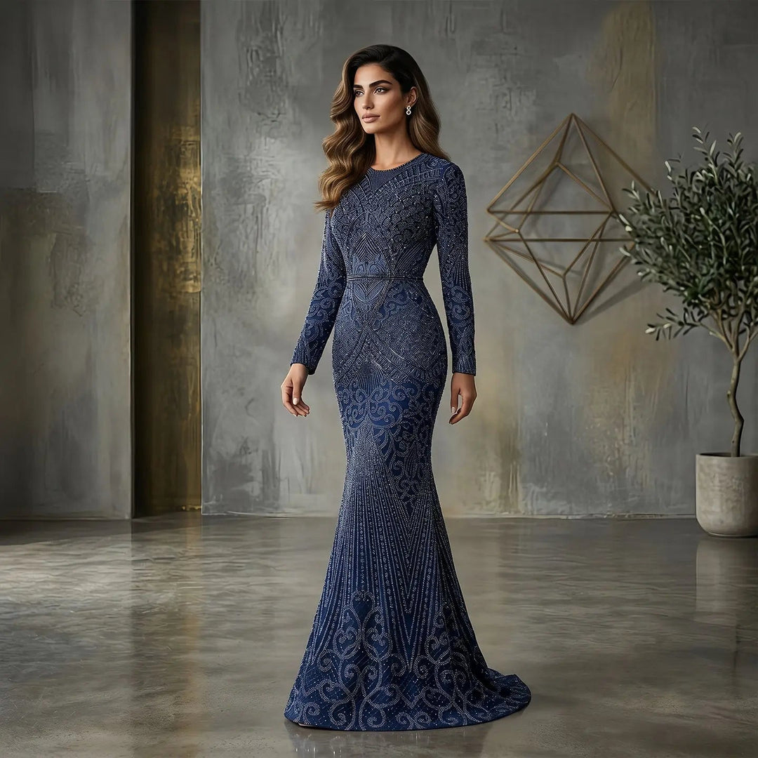 Elegant Navy Blue Long Sleeve Beaded Evening Dress Arabic Style SS056 DreamyVow Elegant Navy Blue Long Sleeve Beaded Evening Dress Arabic Style SS056 DreamyVow