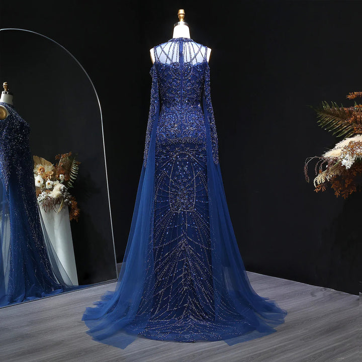 Elegant Navy Blue Off Shoulder Cape Sleeves Evening Dress SS111-DreamyVow