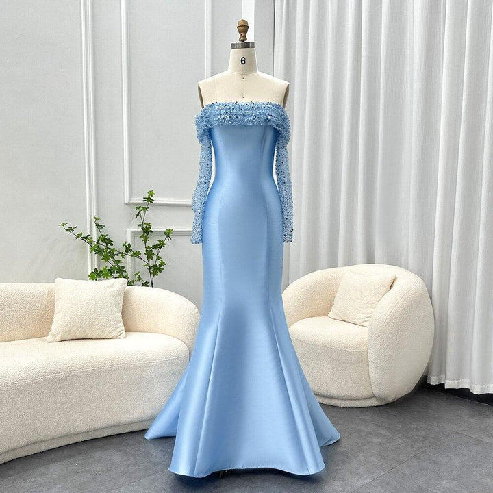 Elegant Off Shoulder Blue Arabic Evening Dress for Women Party Long Sleeves SF079