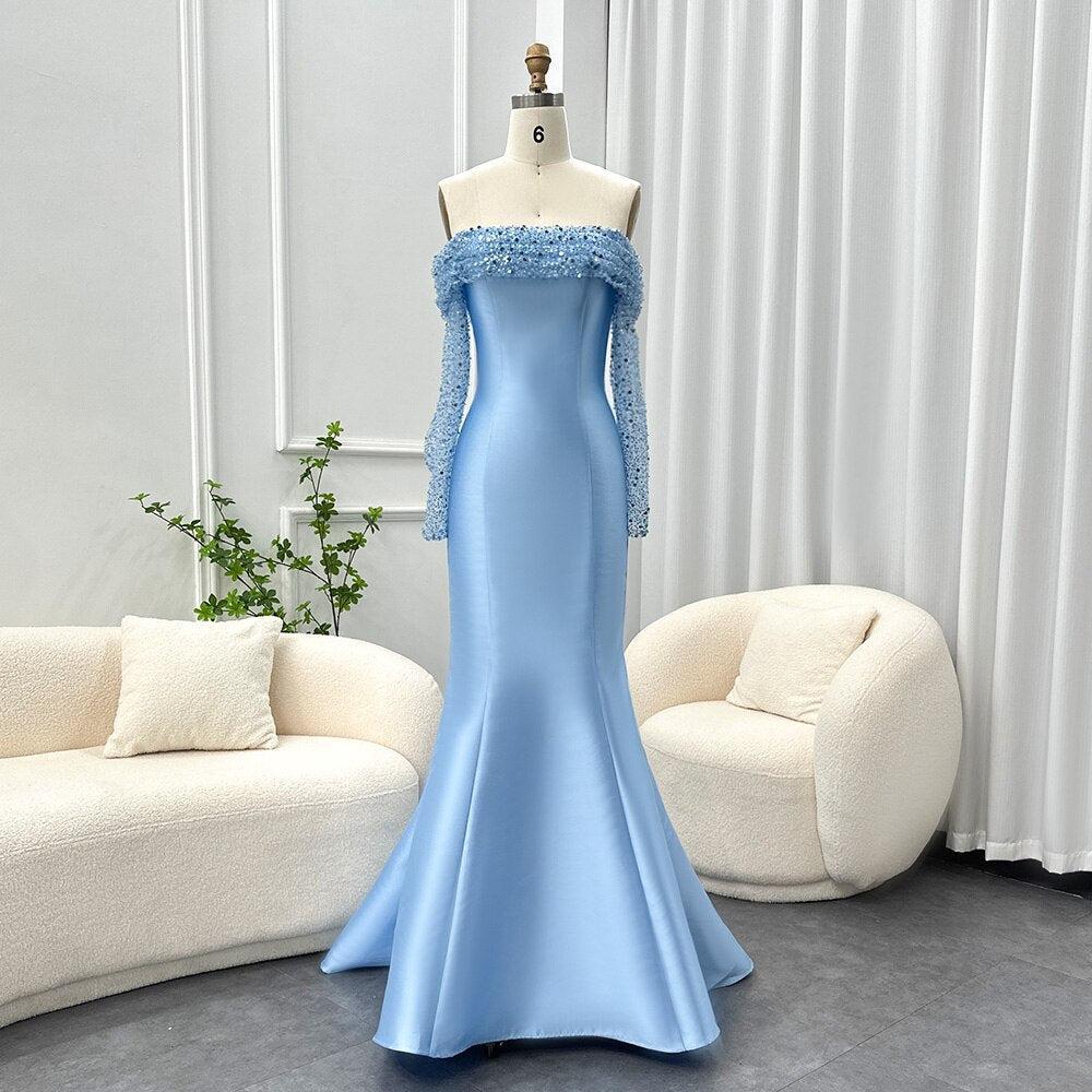 Elegant Off Shoulder Blue Arabic Evening Dress for Women Party Long Sleeves SF079, Blue / 2 Elegant Off Shoulder Blue Arabic Evening Dress for Women Party Long Sleeves SF079, Blue / 2