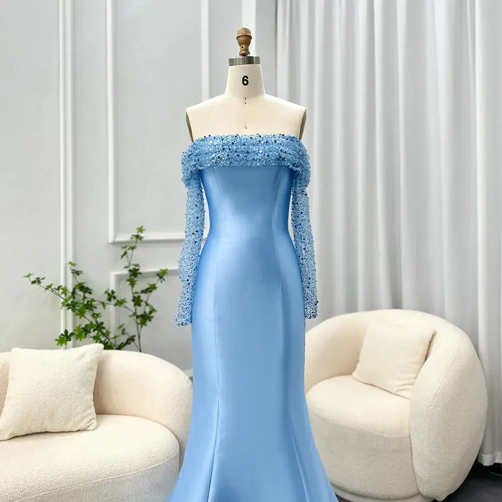Dreamy Vow Elegantes schulterfreies blaues arabisches Abendkleid für Frauen, Hochzeitsfeier, lange Ärmel, Dubai, formelle Ballkleider SS079