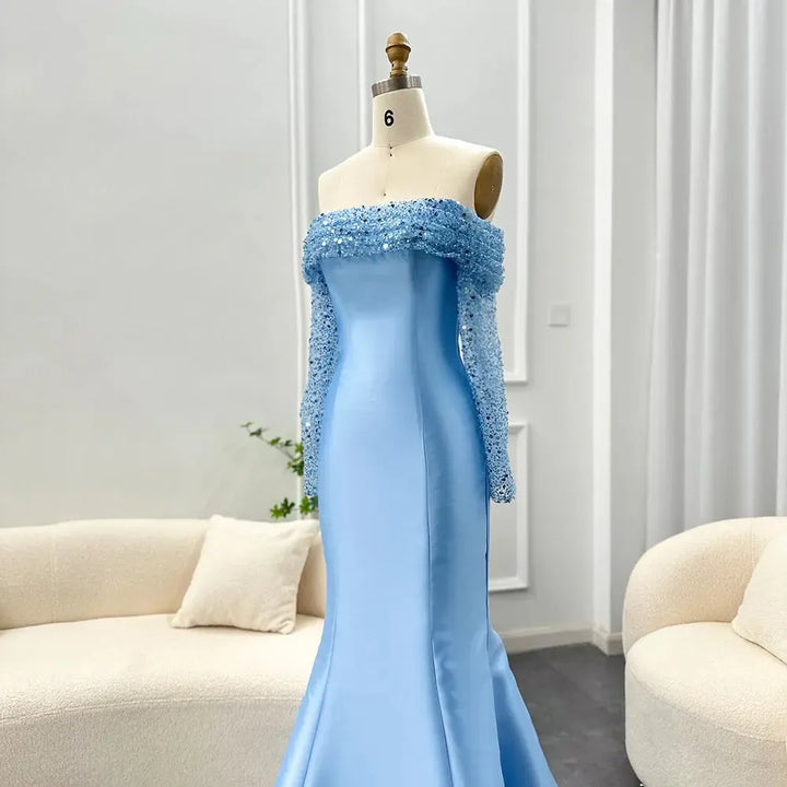 Elegant Off Shoulder Blue Arabic Evening Dress for Women Party Long Sleeves SF079