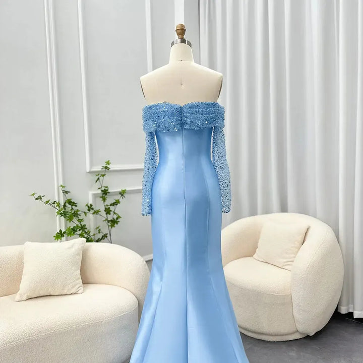 Elegant Off Shoulder Blue Arabic Evening Dress for Women Party Long Sleeves SF079