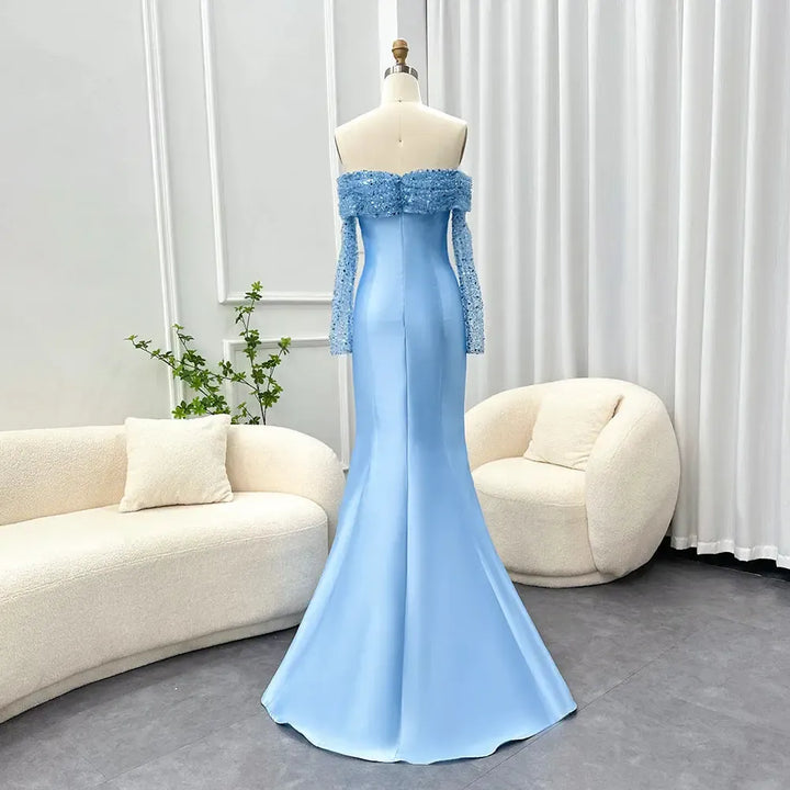 Elegant Off Shoulder Blue Arabic Evening Dress for Women Party Long Sleeves SF079