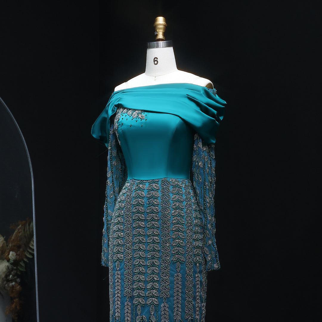 Elegant Off Shoulder Evening Dress with Long Sleeves SS695