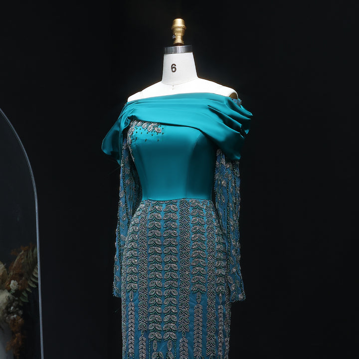 Elegant Off Shoulder Evening Dress with Long Sleeves SS695