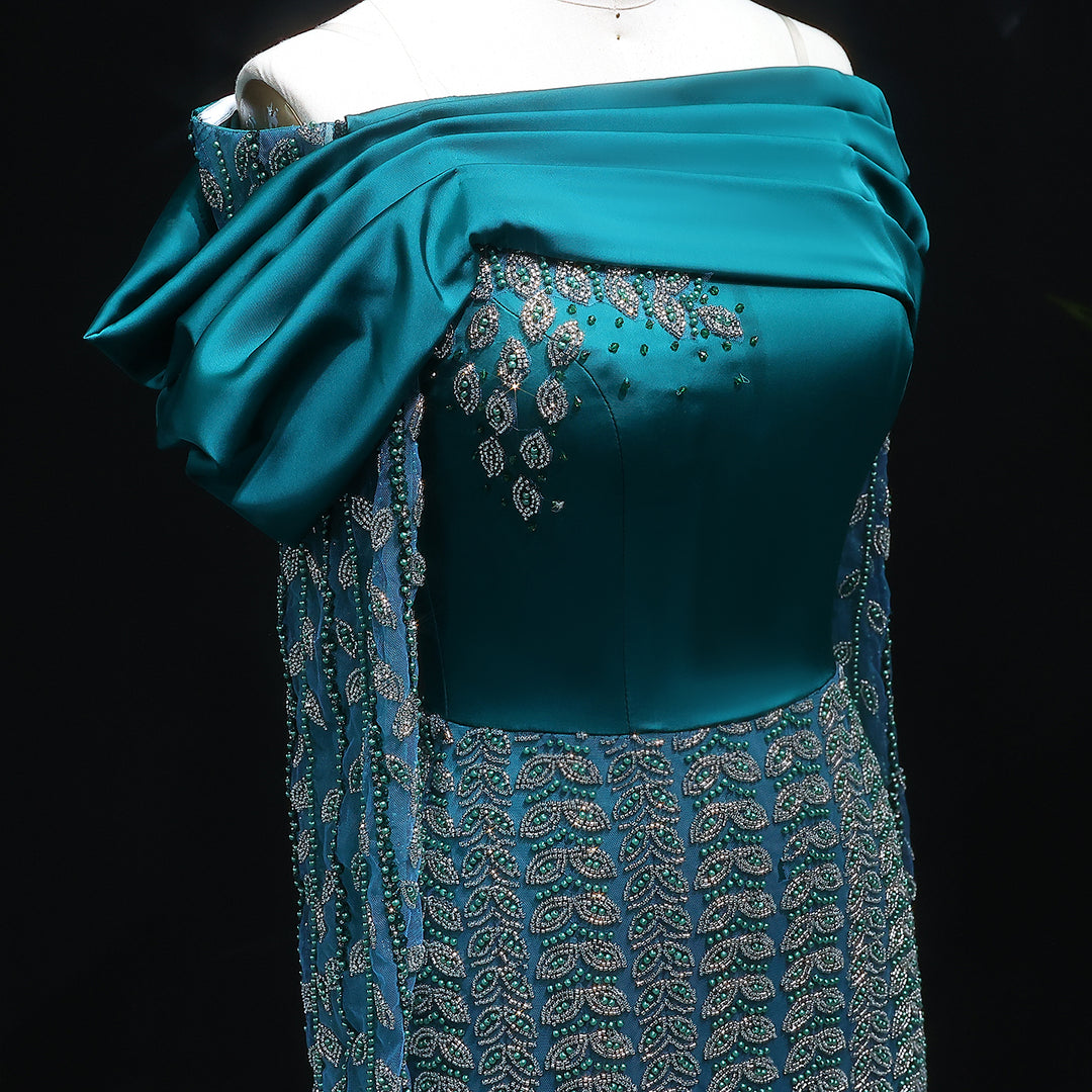 Elegant Off Shoulder Evening Dress with Long Sleeves SS695