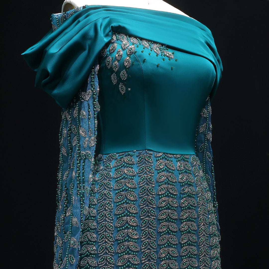 Elegant Off Shoulder Evening Dress with Long Sleeves SS695