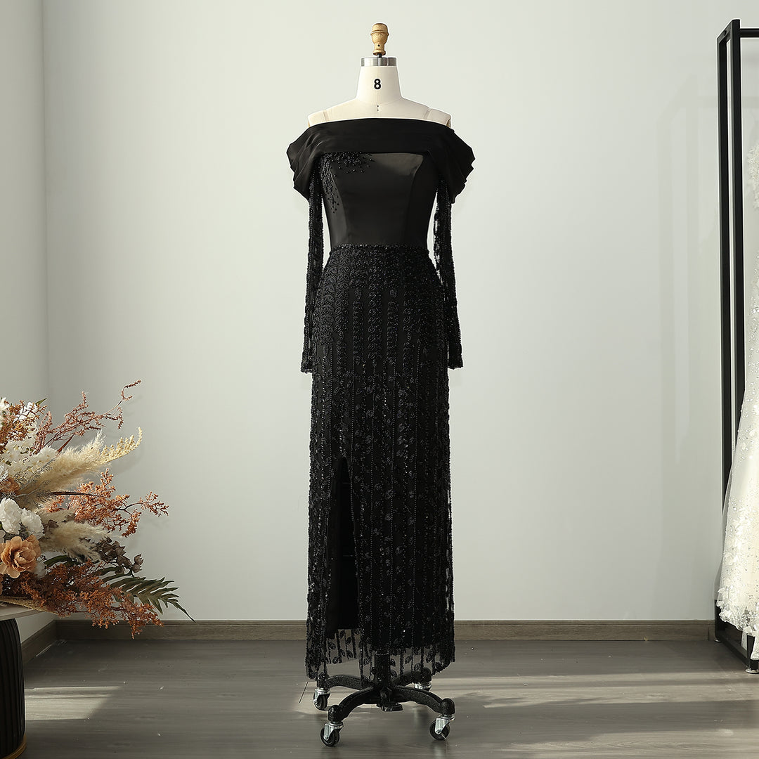Elegant Off Shoulder Evening Dress with Long Sleeves SS695