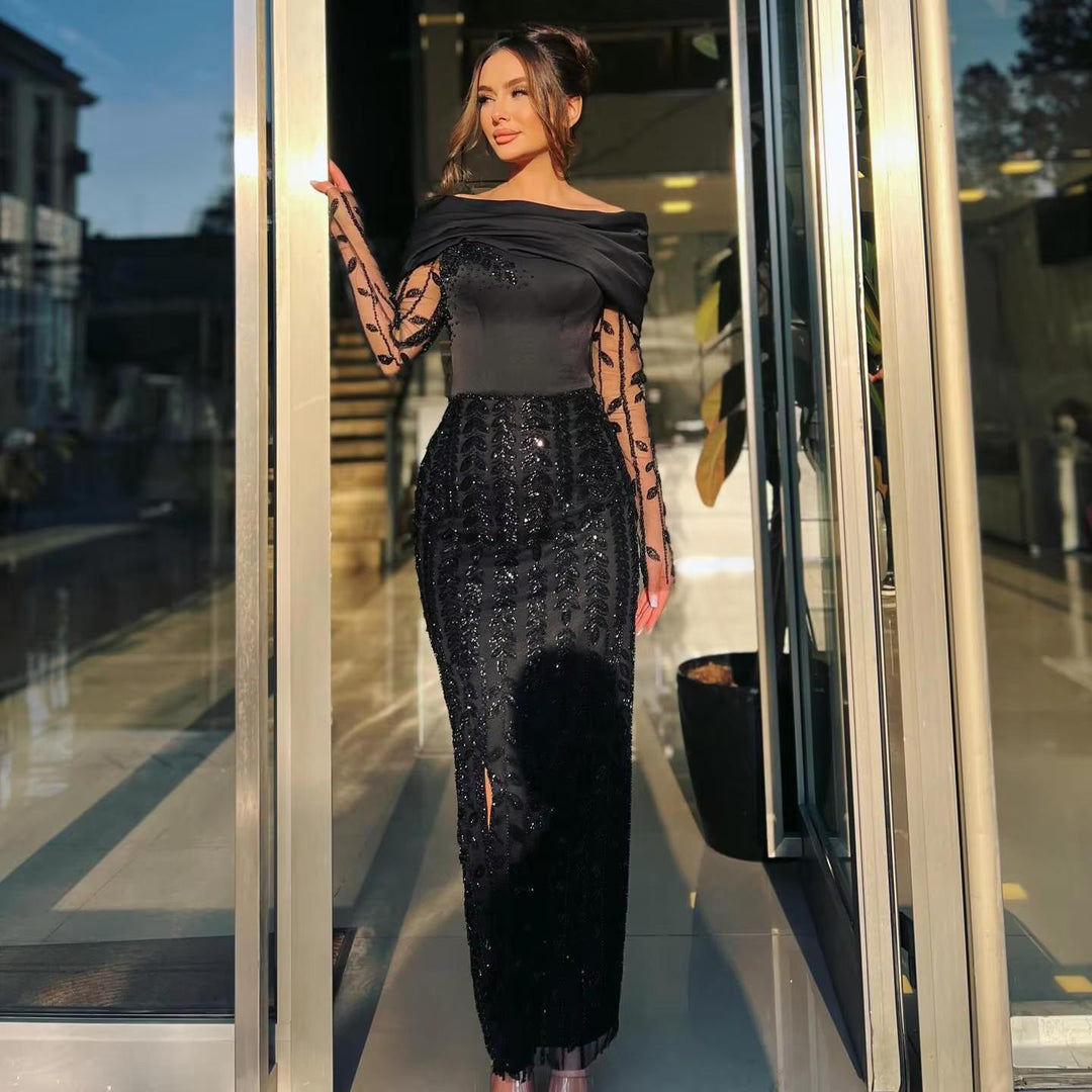 Elegant Off Shoulder Evening Dress with Long Sleeves SS695