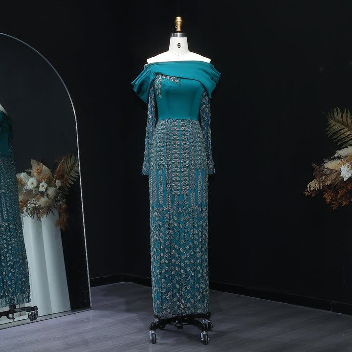 Elegant Off Shoulder Evening Dress with Long Sleeves SS695