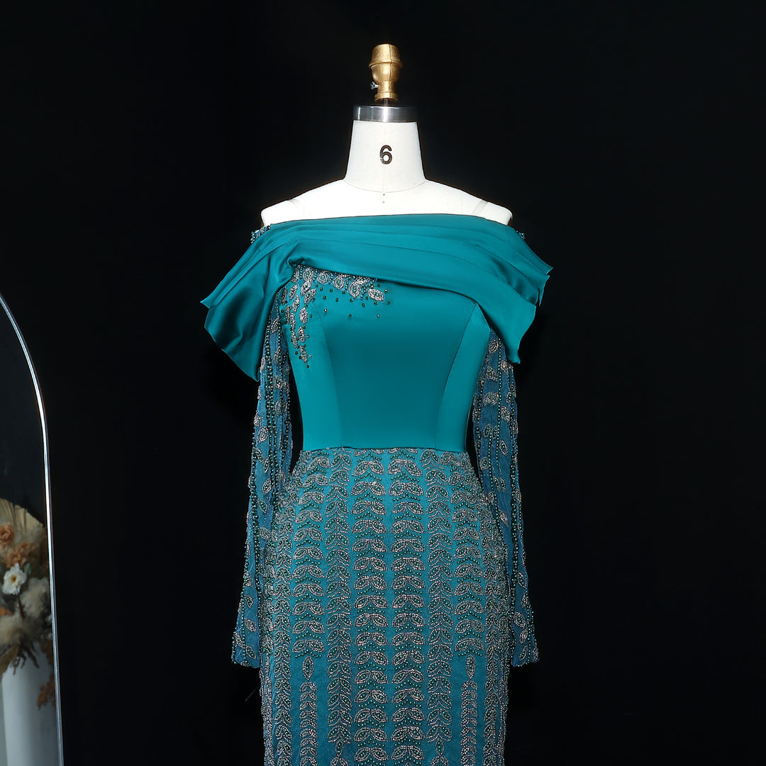 Elegant Off Shoulder Evening Dress with Long Sleeves SS695