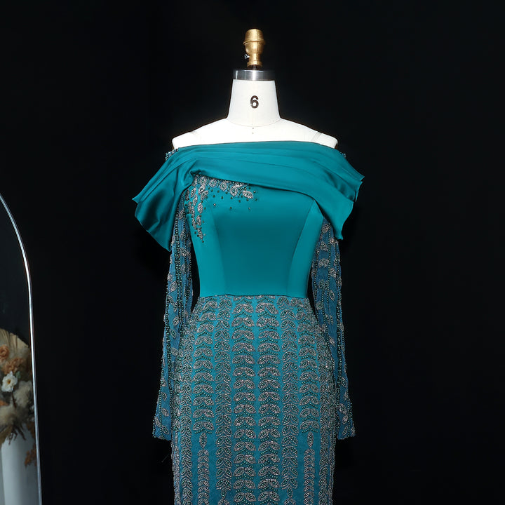 Elegant Off Shoulder Evening Dress with Long Sleeves SS695
