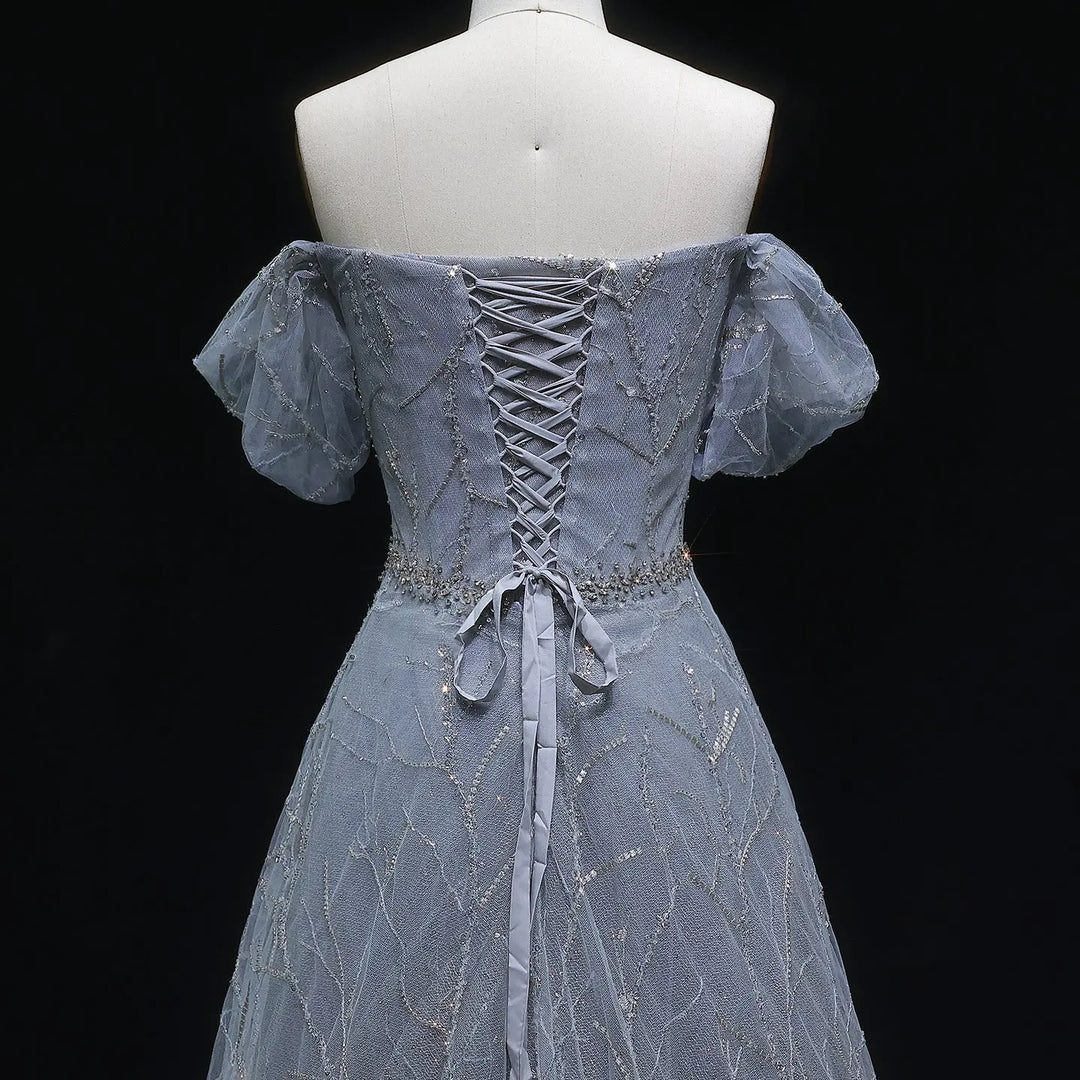 Elegant Off Shoulder Gray Blue Sequin Embroidered Prom Dress SS725-DreamyVow