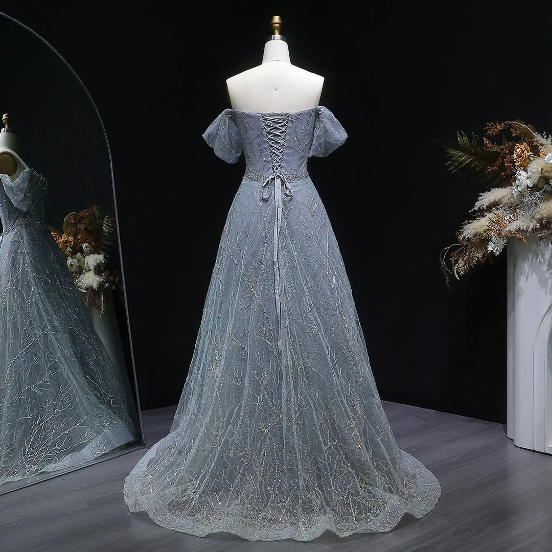 Elegant Off Shoulder Gray Blue Sequin Embroidered Prom Dress SS725-DreamyVow
