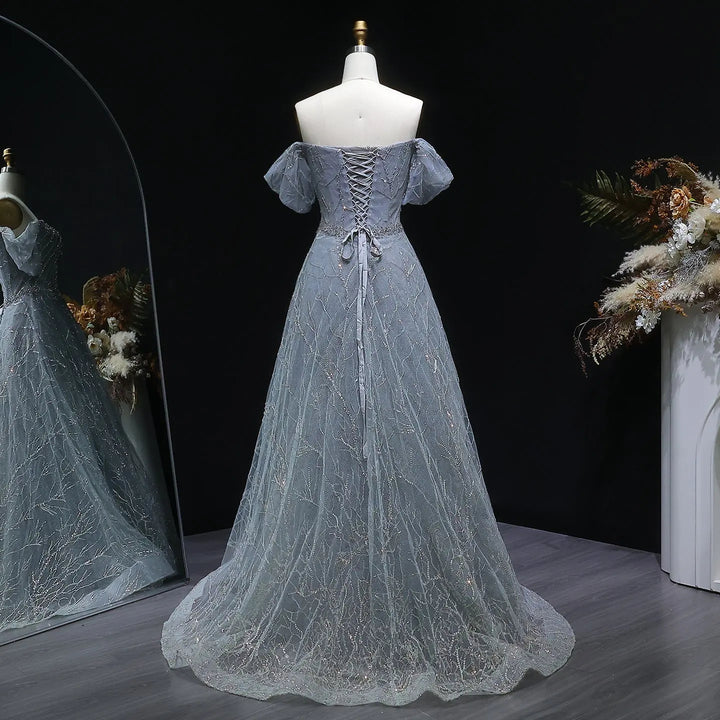 Elegant Off Shoulder Gray Blue Sequin Embroidered Prom Dress SS725-DreamyVow