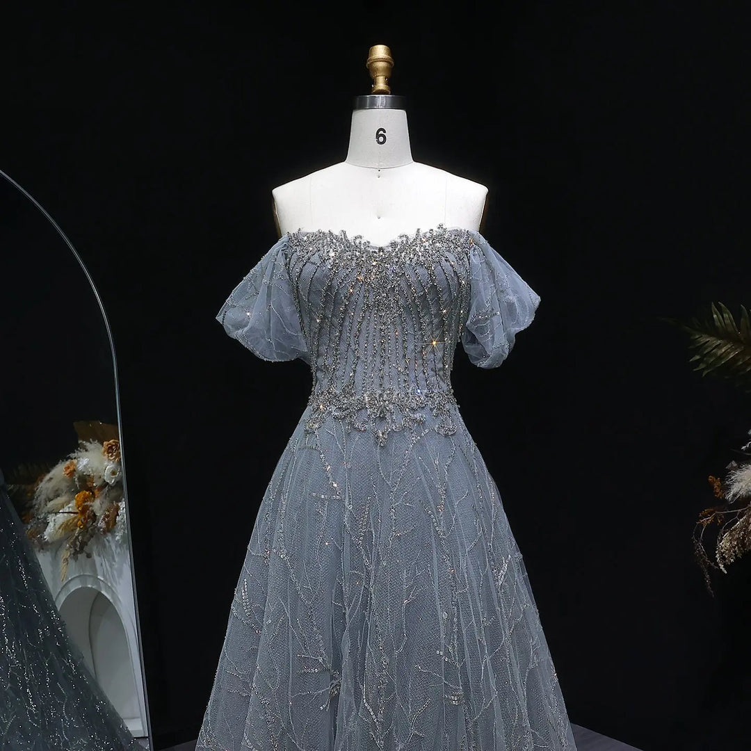 Elegant Off Shoulder Gray Blue Sequin Embroidered Prom Dress SS725-DreamyVow