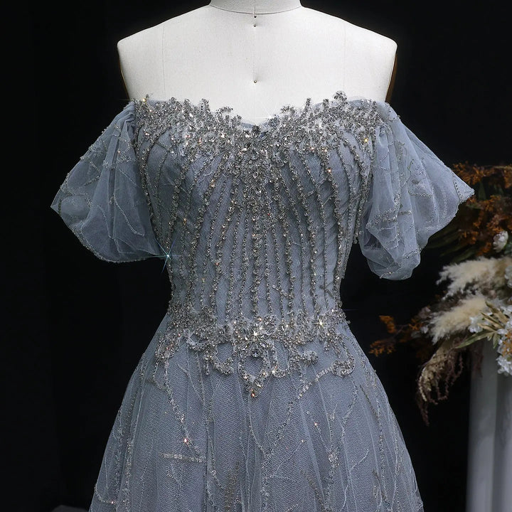 Elegant Off Shoulder Gray Blue Sequin Embroidered Prom Dress SS725-DreamyVow