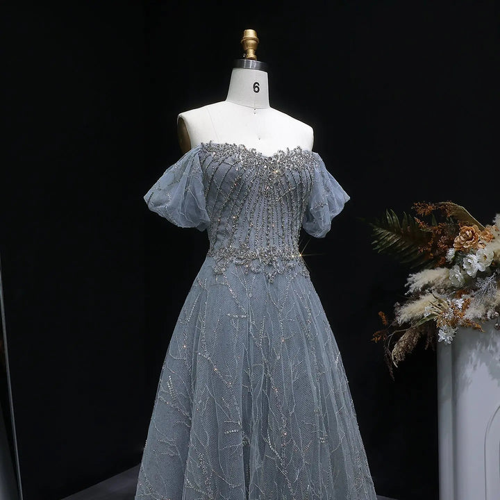 Elegant Off Shoulder Gray Blue Sequin Embroidered Prom Dress SS725-DreamyVow